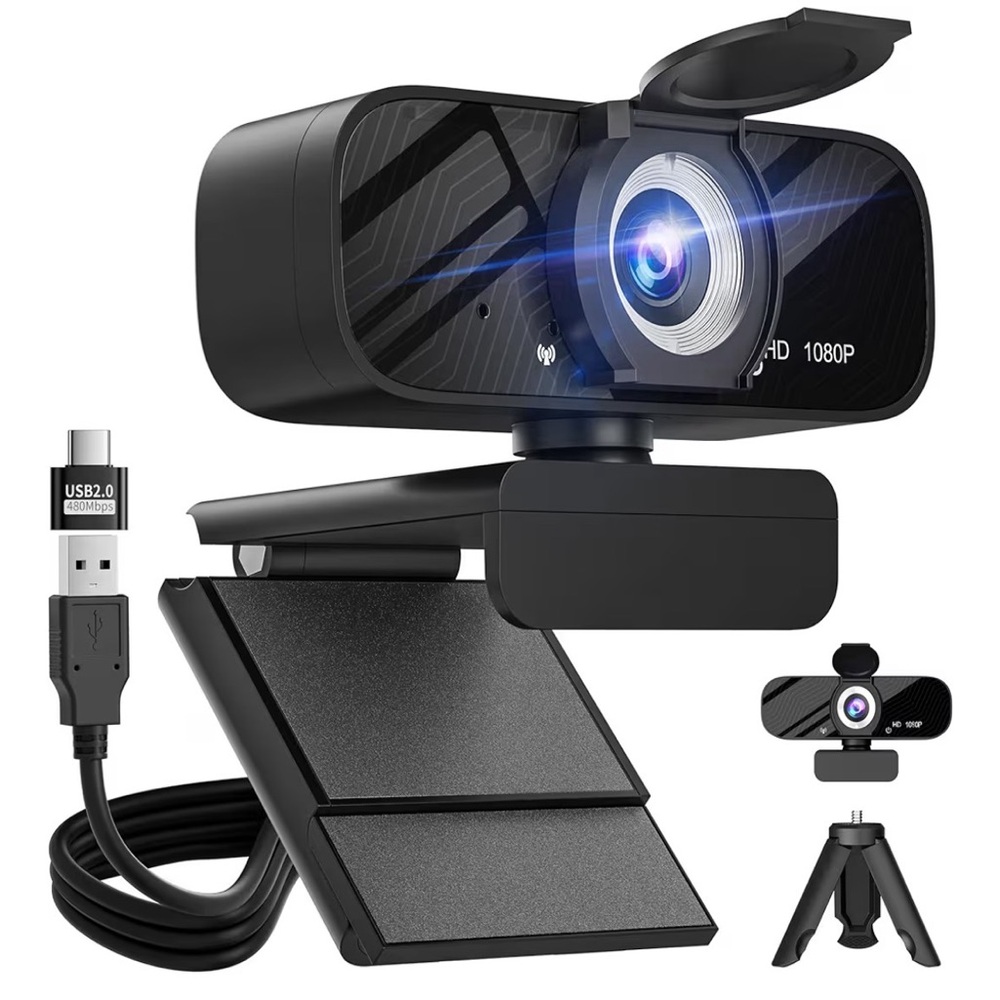 HD 1080P Black Webcam with Privacy Cover